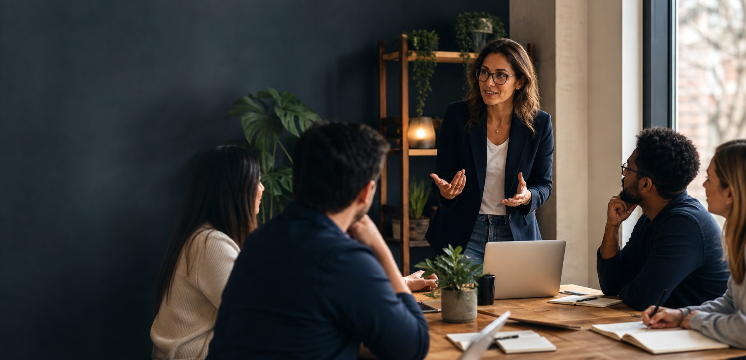 A business instructor leading an online leadership class