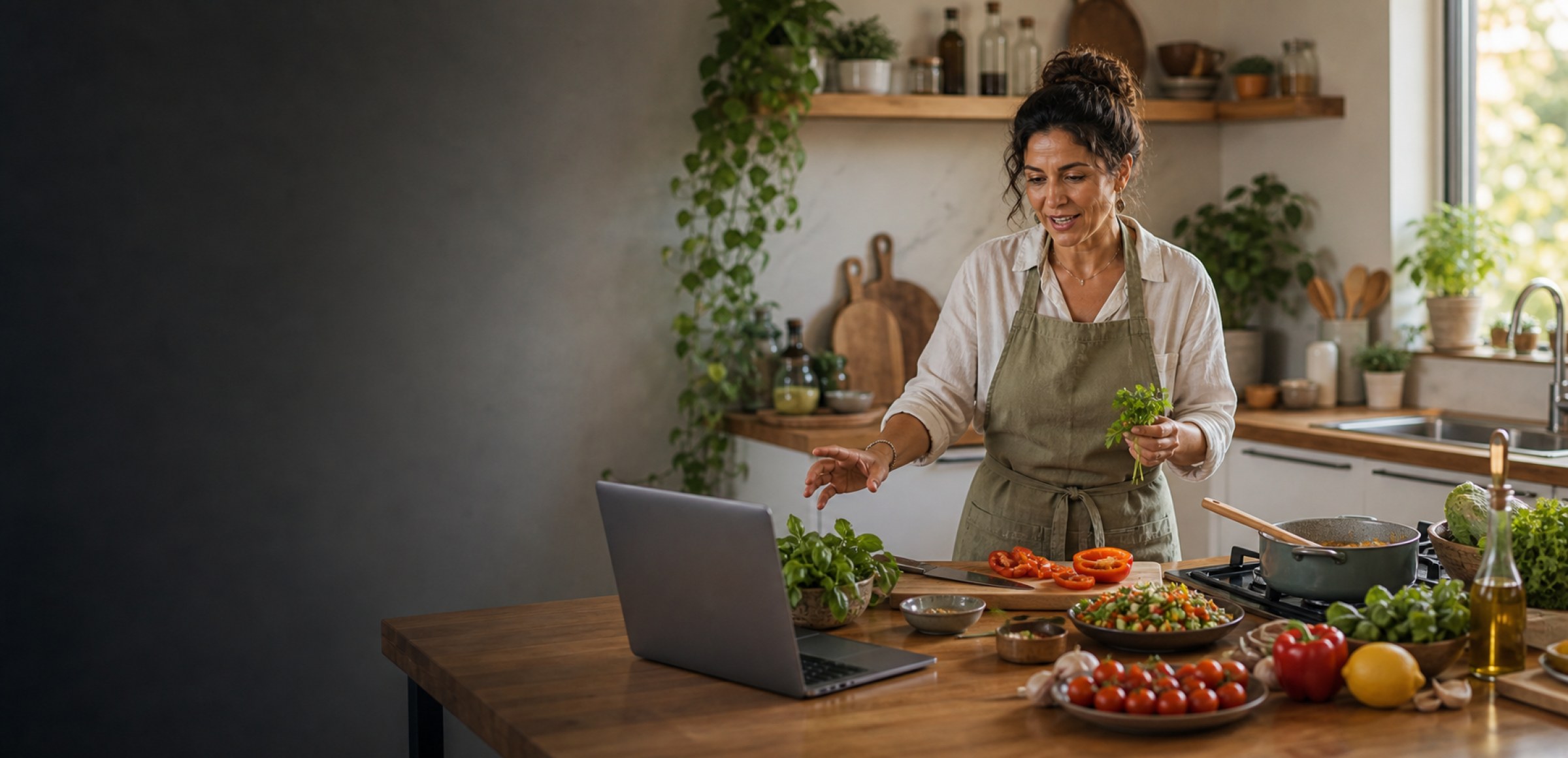 A cooking instructor teaching an online kitchen class
