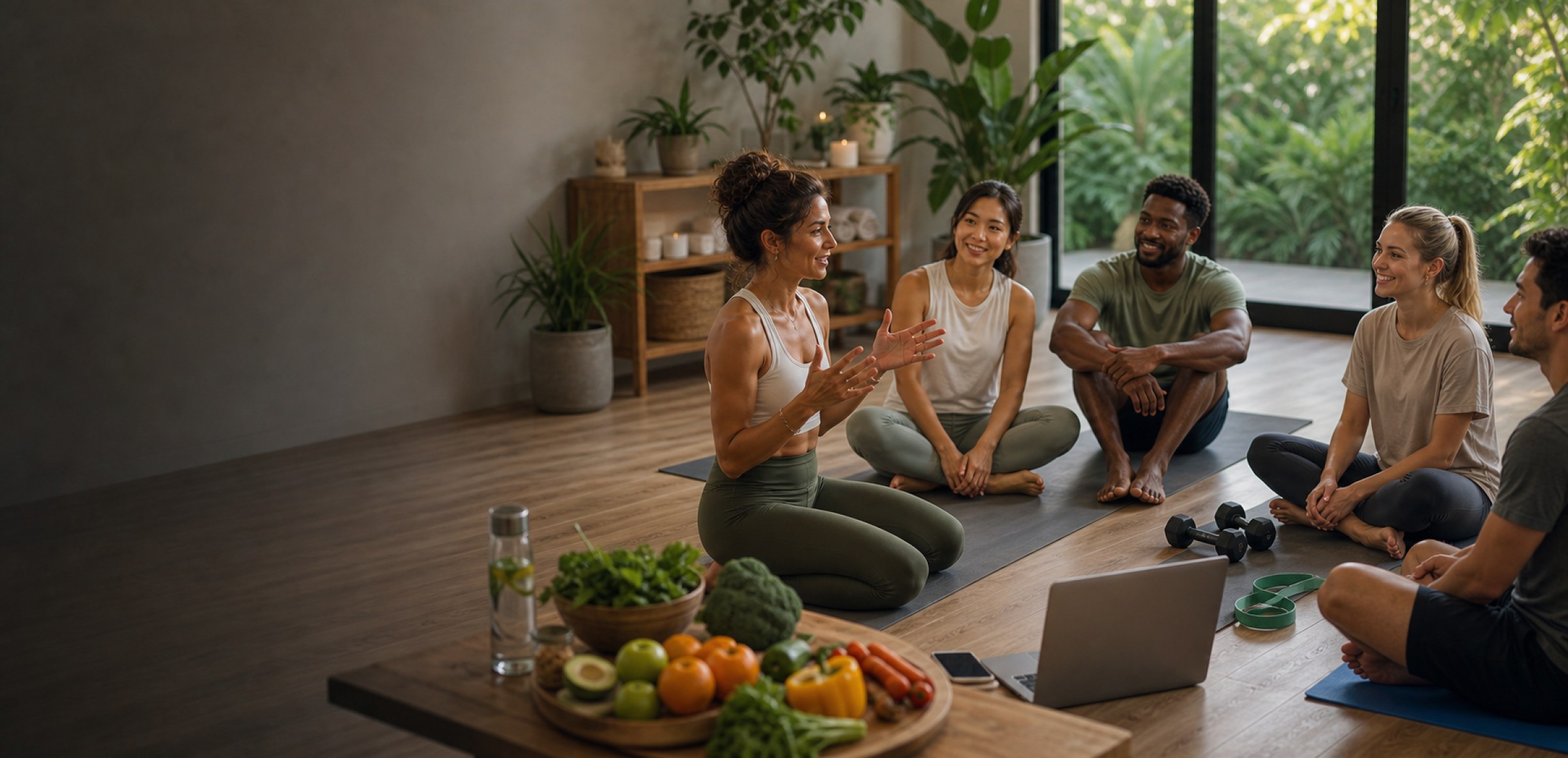 An online fitness and nutrition class with movement and healthy food