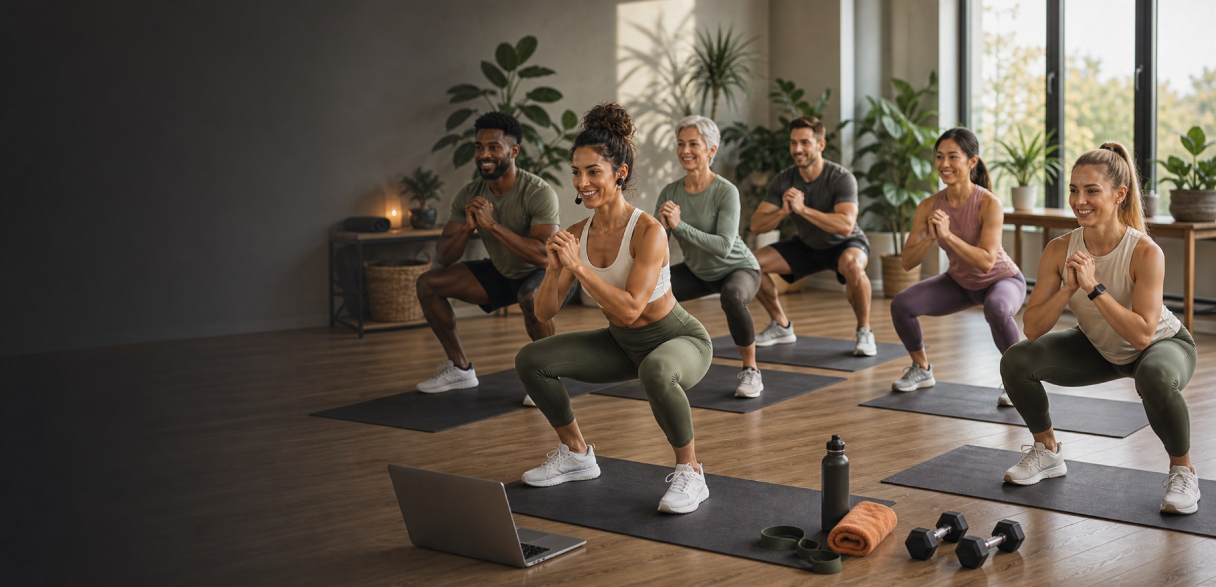 A virtual fitness class with an instructor leading movement online