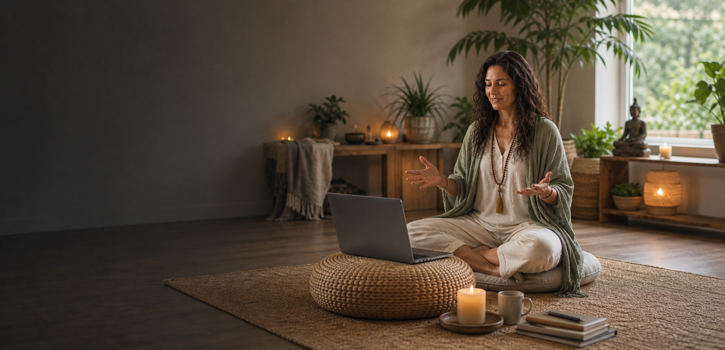 A meditation instructor preparing to teach an online mindfulness class
