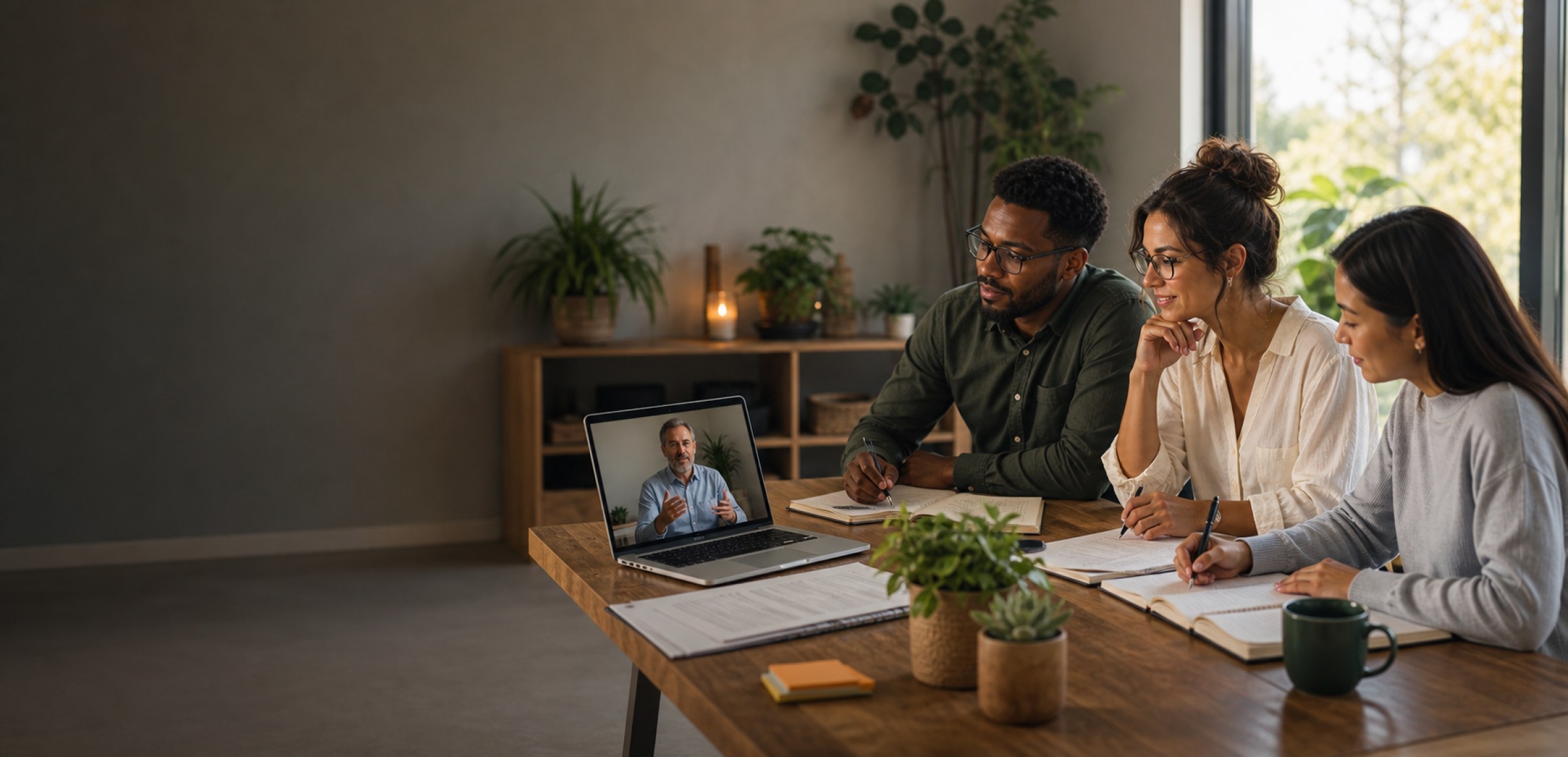 Learners reviewing certification course material in an online class