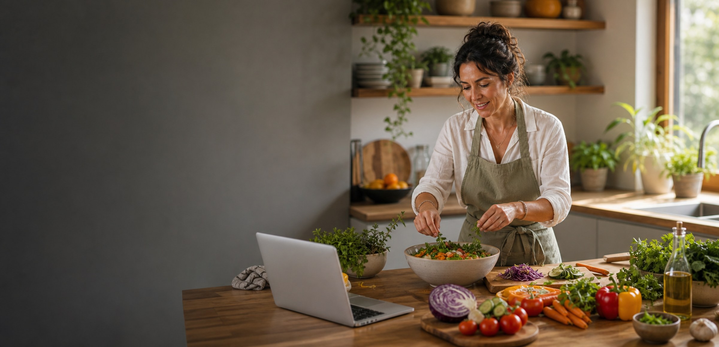 An online cooking instructor preparing fresh food in a bright kitchen