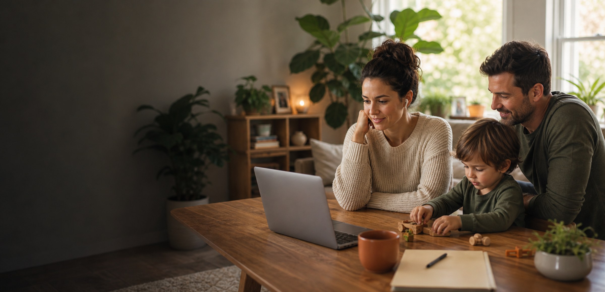 A parent joining an online parenting class from a warm home setting