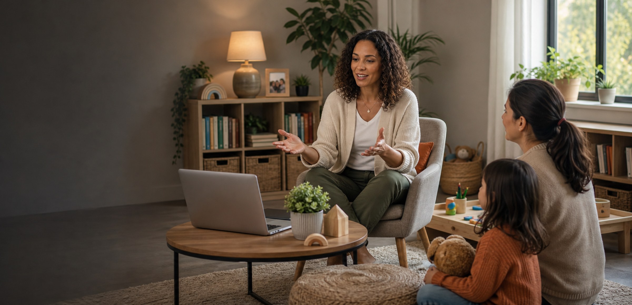 A parenting instructor teaching an online class for caregivers