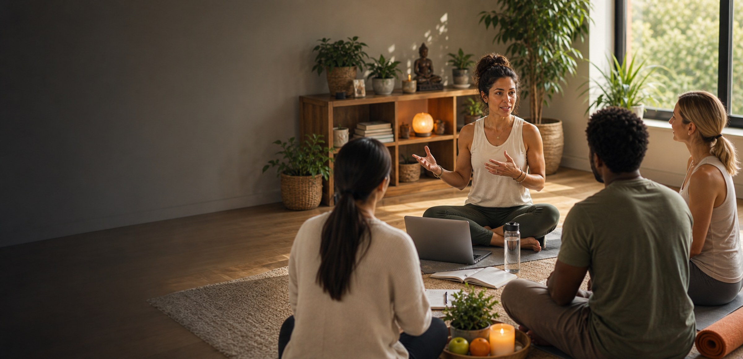A wellness instructor teaching an online health and wellbeing class