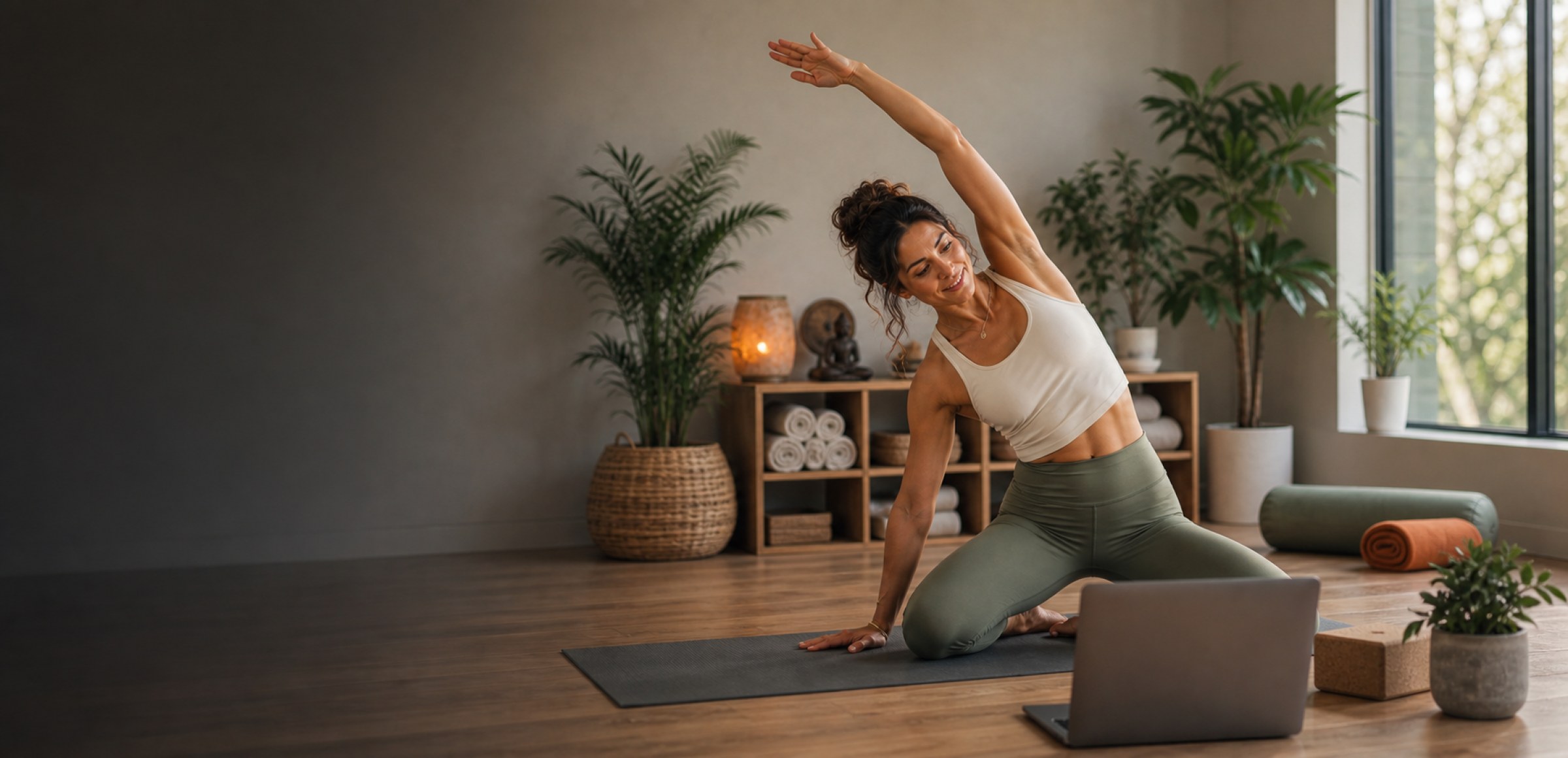 A yoga instructor teaching an online class from a bright studio