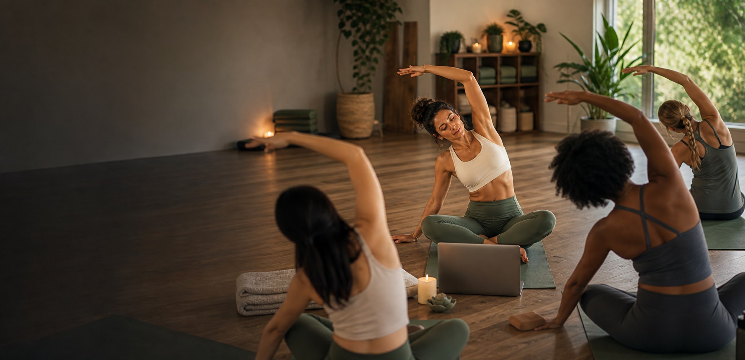 A virtual yoga studio with students joining an online class